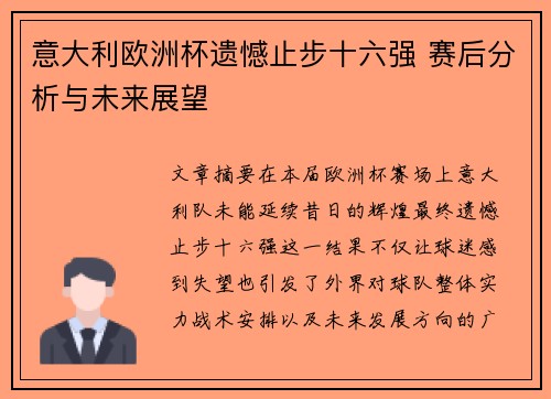 意大利欧洲杯遗憾止步十六强 赛后分析与未来展望